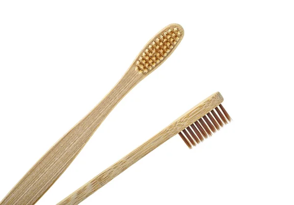 Close up of two bamboo toothbrushes on white on background, top — Stock Photo, Image