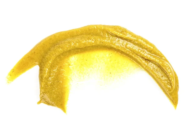 Żółty sos musztardowy izolowany na białym tle, widok z góry. — Zdjęcie stockowe