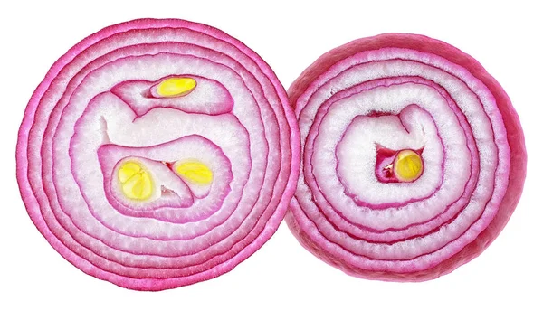 Beyaz arka planda izole kırmızı soğan iki yuvarlak dilim, üst v