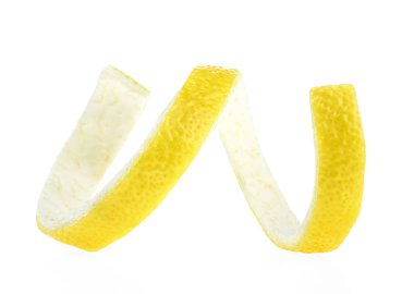 Beyaz bir arka plan üzerinde Limon twist. Limon kabuğu.