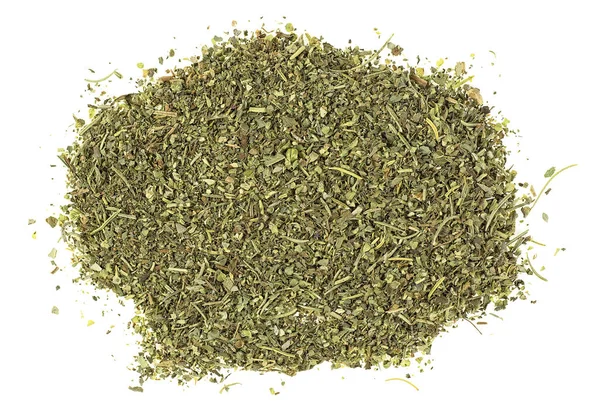 Mixed Italian herb seasoning on a white background, top view. — Stock Photo, Image