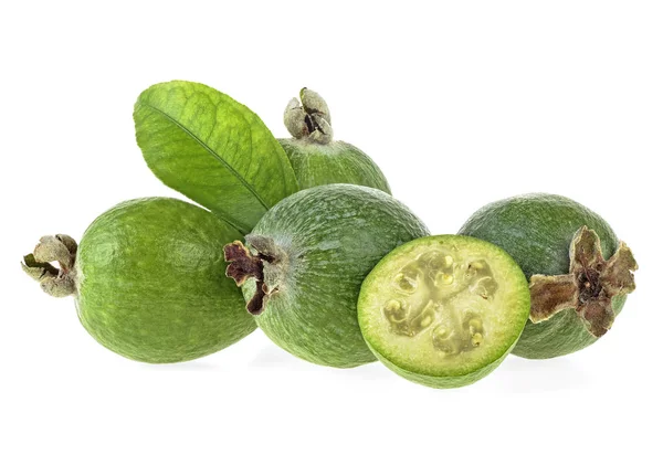 Feijoa with green leaves on a white background. Full depth of fi — Stock Photo, Image
