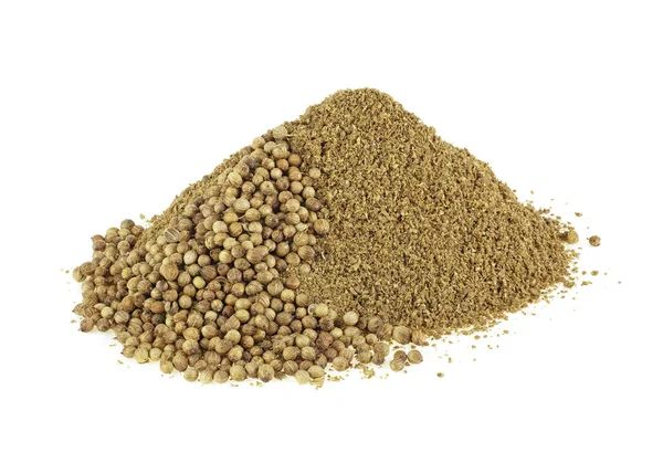 Pile de poudre de coriandre avec graines isolées sur un backgrou blanc — Photo