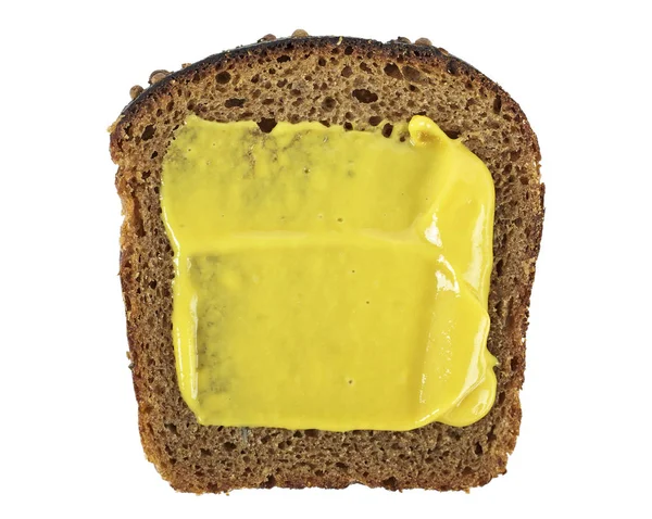 Beyaz bir arka plan üzerinde çavdar ekmeği ve hardal sosu dilim, üst — Stok fotoğraf