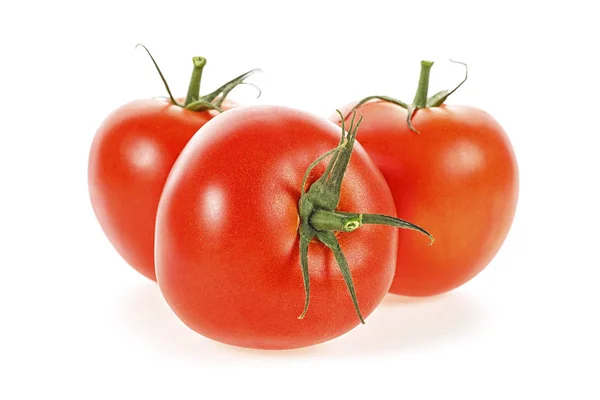 Trzy świeże pomidory wyizolowane na białym tle, selektywne f — Zdjęcie stockowe
