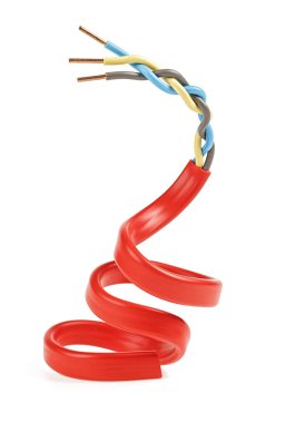 Beyaz zemin üzerine kırmızı elektrik kablo closeup