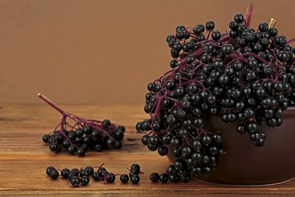 Elderberry v keramickém misce na dřevěném stole. Léčivé plody — Stock fotografie