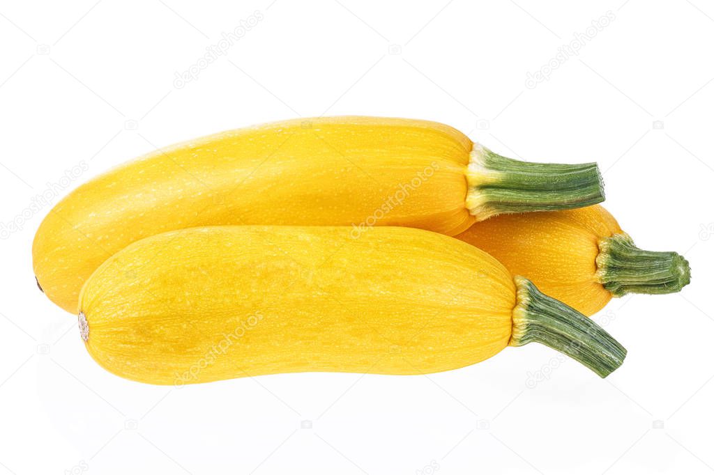 Three yellow zucchini isolated on a white background. Yellow cou