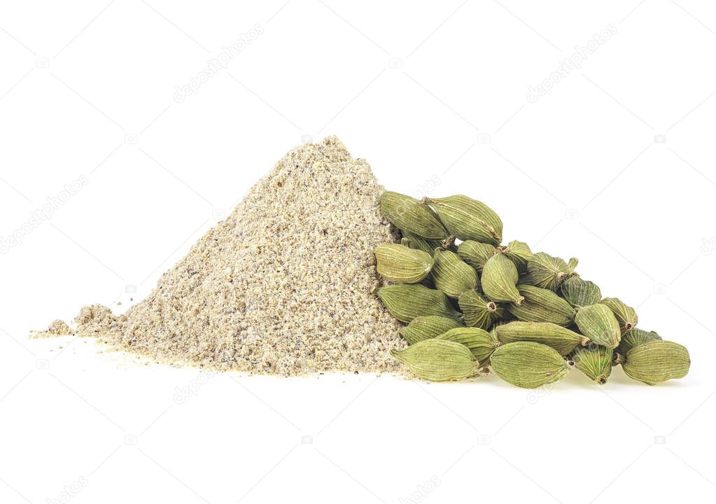 Pile of cardamom spices isolated on a white background, powder a