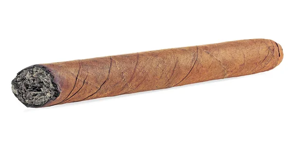 Brown cigar burned on a white background. Smoky cuban cigar. — Stock Photo, Image