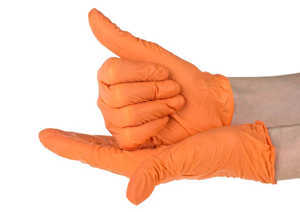 Hände Eines Sanitäters Mit Orangefarbenen Latexhandschuhen Medizinische Handschuhe Operationshandschuh Präventionskonzept — Stockfoto
