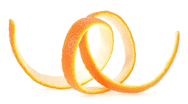Close Van Spiraalvormige Sinaasappelschil Geïsoleerd Witte Achtergrond Krul Sinaasappelschil — Stockfoto