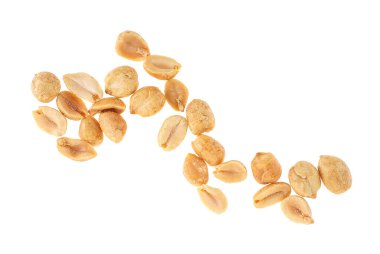 Beyaz arka planda izole edilmiş tuzlanmış fıstık, üst manzara..