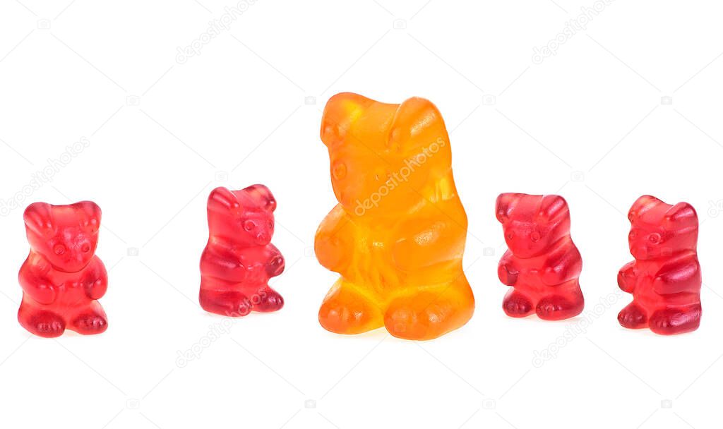 Jelly gummy bears isolated on a white background. Colorful eat gummy bears. Jelly candy.