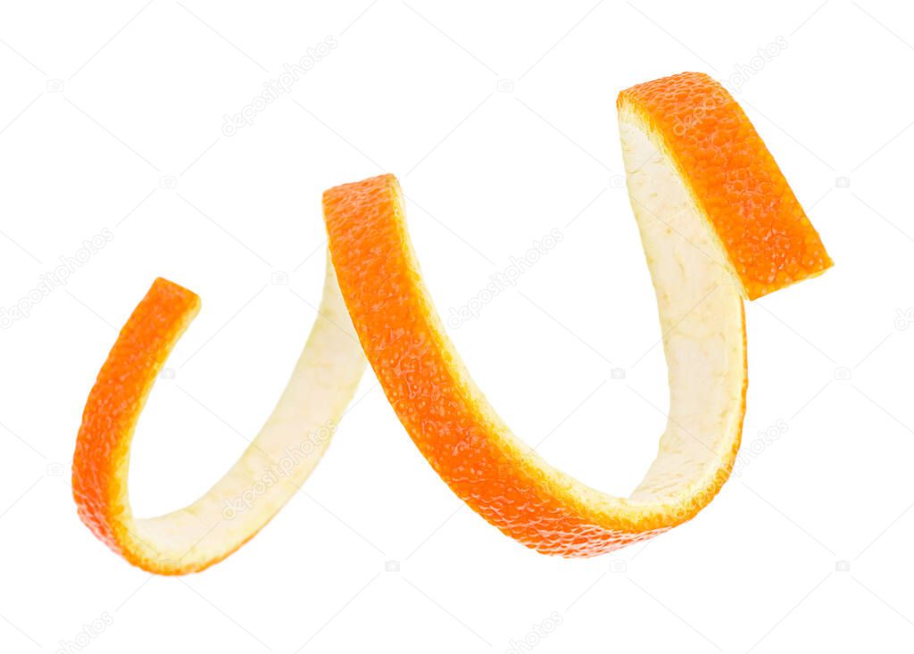 Orange peel against white background. Orange zest. Orange twist.
