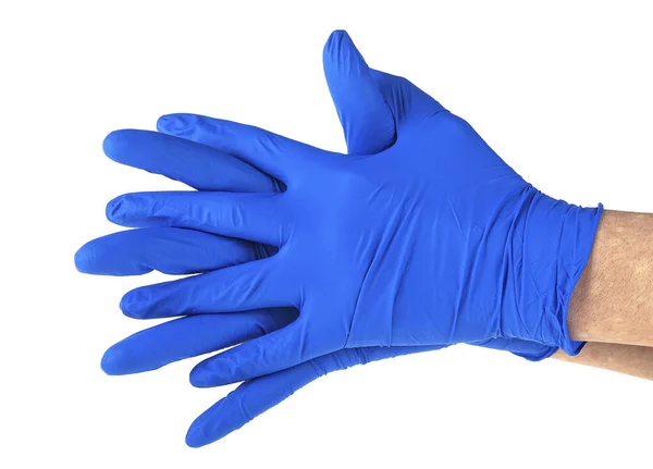 Manos Médico Con Guantes Látex Azul Fondo Blanco — Foto de Stock