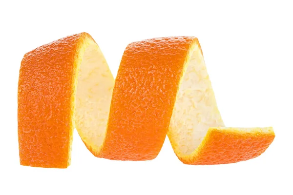 Orange zest isolated on a white background. Curly orange peel. Citron.