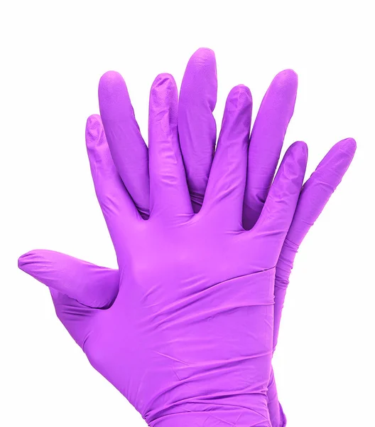 Mãos Médico Usando Luvas Látex Violeta Fundo Branco — Fotografia de Stock
