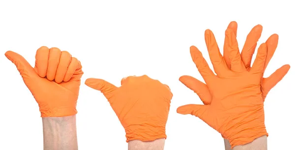 Egy Narancs Gumikesztyűt Viselő Orvos Kezei Orvosi Kesztyű Sebészeti Kesztyű — Stock Fotó