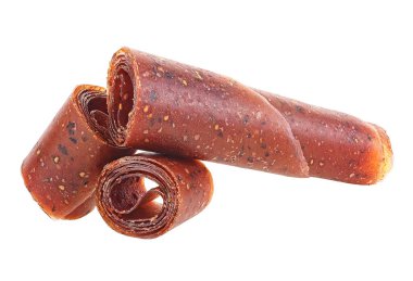 Meyve pasaportu beyaz arka planda izole edilmiş. Ahudududulu, elmalı, portakallı ve üzümlü meyveli dürüm..