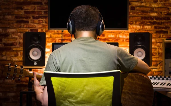 Back Asian Male Musician Recording Acoustic Guitar Jamming Music Friends — Stock Photo, Image