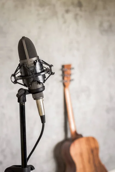 condenser microphone and back of acoustic guitar on wall background