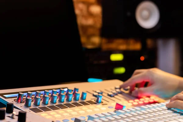 Producer Composer Arranger Hands Adjusting Sound Mixer Recording Broadcasting Studio Stock Picture