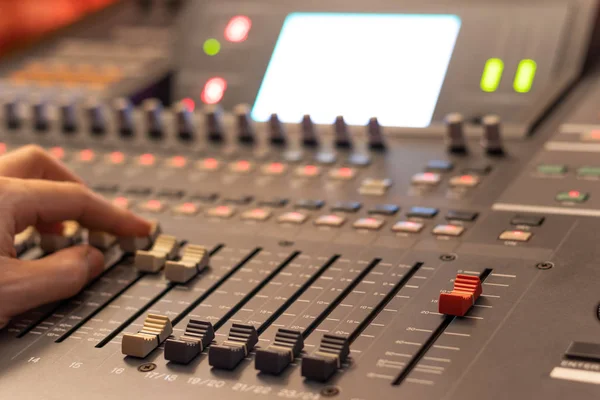 Sound Engineer Hand Working Audio Mixing Console Focus Red Fader — Stock Photo, Image