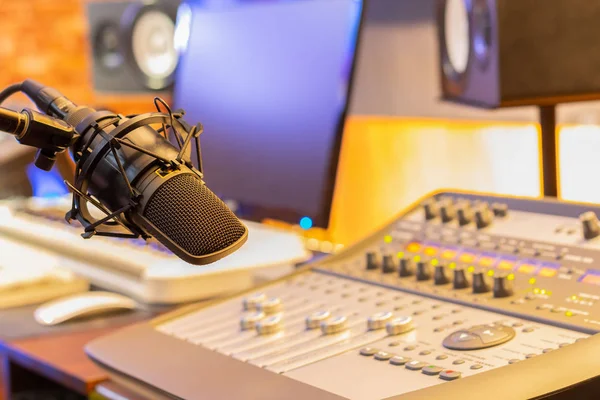 microphone in recording, broadcasting, editing studio