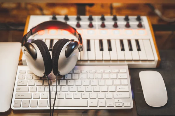 headphone on music keyboard. music concept