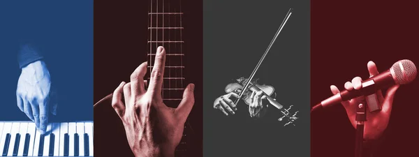 Quatro Partes Mãos Músico Tocando Instrumento Musical Fundo Música — Fotografia de Stock