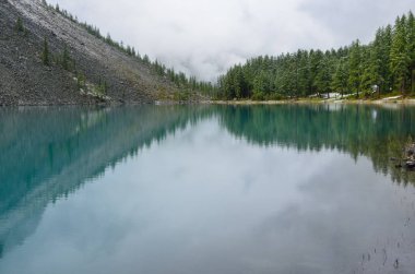 Altay Shavlinskoye shore gölde dağ yamaçlarında kar ile kaplı. Rusya