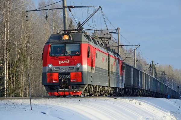Arkhangelsk region, Rusya Federasyonu, Şubat, 15, 2018. Yük treni kış, Rusya, Arkhangelsk bölgesi trenle hareket