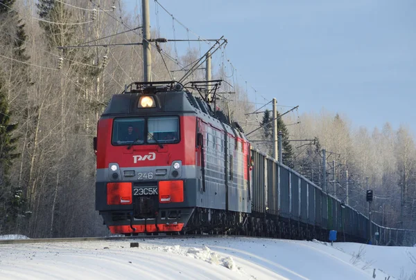 Arkhangelsk region, Rusya Federasyonu, Şubat, 15, 2018. Yük treni kış, Rusya, Arkhangelsk bölgesi trenle hareket