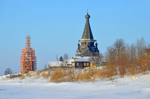 Kościół Wniebowstąpienia Zimie Wiosce Piyala Rosja Arkhangelsk Regionu Onega Dzielnicy — Zdjęcie stockowe