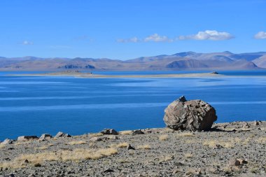 Doğal geoglyph - efsanevi yaratık tarihlerde Sfenks'in kutsal Tibet Gölü Teri Tashi Nam tso kıyısında