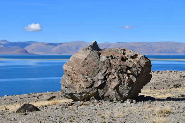 Doğal geoglyph - efsanevi yaratık tarihlerde Sfenks'in kutsal Tibet Gölü Teri Tashi Nam tso kıyısında