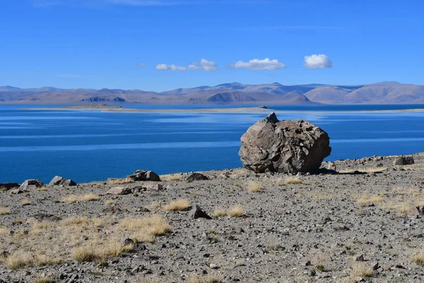 Doğal geoglyph - efsanevi yaratık tarihlerde Sfenks'in kutsal Tibet Gölü Teri Tashi Nam tso kıyısında