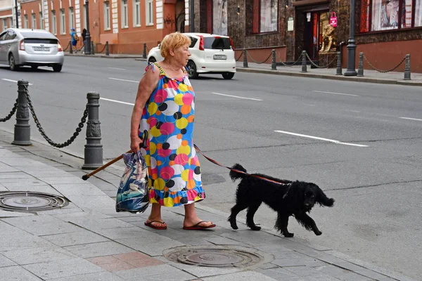 Владивосток Россия 2018 Пожилая Женщина Черной Собакой Гуляет Улице Летом — стоковое фото