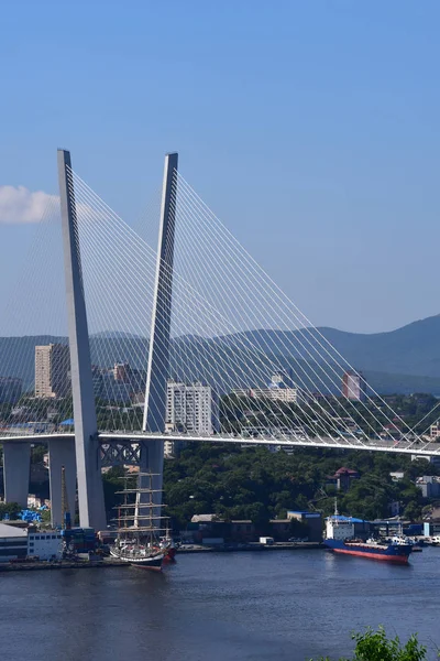 Vladivostok Rusia Agosto 2018 Velero Pallada Bajo Puente Cable Sobre —  Fotos de Stock