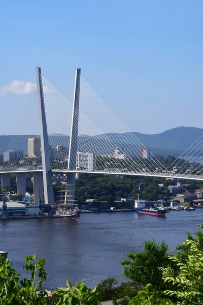 Vladivostok Rusia Agosto 2018 Velero Pallada Bajo Puente Cable Sobre —  Fotos de Stock