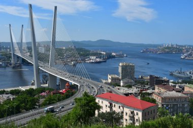 Vladivostok, Rusya, Ağustos, 01, 2018. Zolotoy Rog Bay ayında Vladivostok yaz, Rusya açık havalarda askılı köprüden