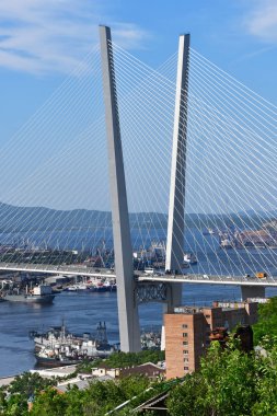 Vladivostok, Rusya, Ağustos, 01, 2018. Zolotoy Rog Bay ayında Vladivostok yaz, Rusya açık havalarda askılı köprüden