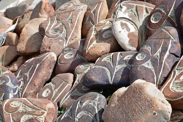 Tíbet Piedras Oración Budistas Con Mantras Dibujos Rituales Camino Desde — Foto de Stock