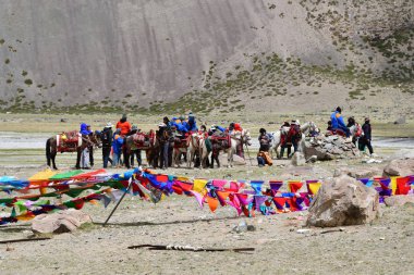 Dorchen, Tibet, Çin, Haziran, 18, 2018. İnsanlar Kailas çevresinde parikramaya Tibet'te yapma atları ile