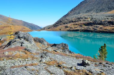 Güneşli havalarda sonbaharda Rusya, Altay Dağları, göl Acchan (Akchan)