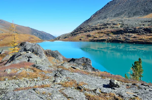 Güneşli havalarda sonbaharda Rusya, Altay Dağları, göl Acchan (Akchan)