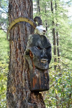 Keçi glade putlara Gölü Shavlinskoe kıyısında ahşap figürü. Altay Cumhuriyeti, Rusya Federasyonu