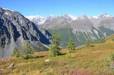 Yaz aylarında güneşli havalarda Kuzey-Chuya ridge Rusya, Altay Cumhuriyeti, dağ doruklarına