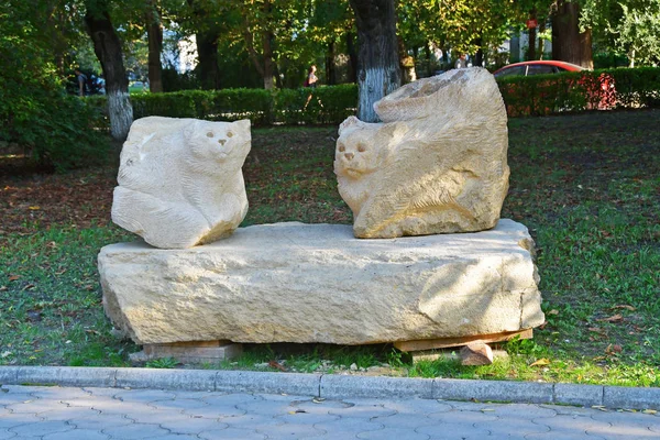 Nevinnomyssk Ryssland September 2018 Bänk Med Skulpturer Katter Fredens Boulevard — Stockfoto